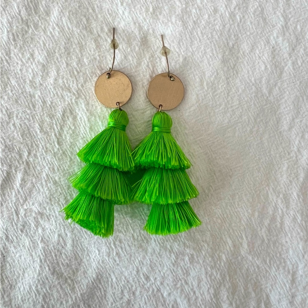 Neon Green Tassel Earrings with Gold